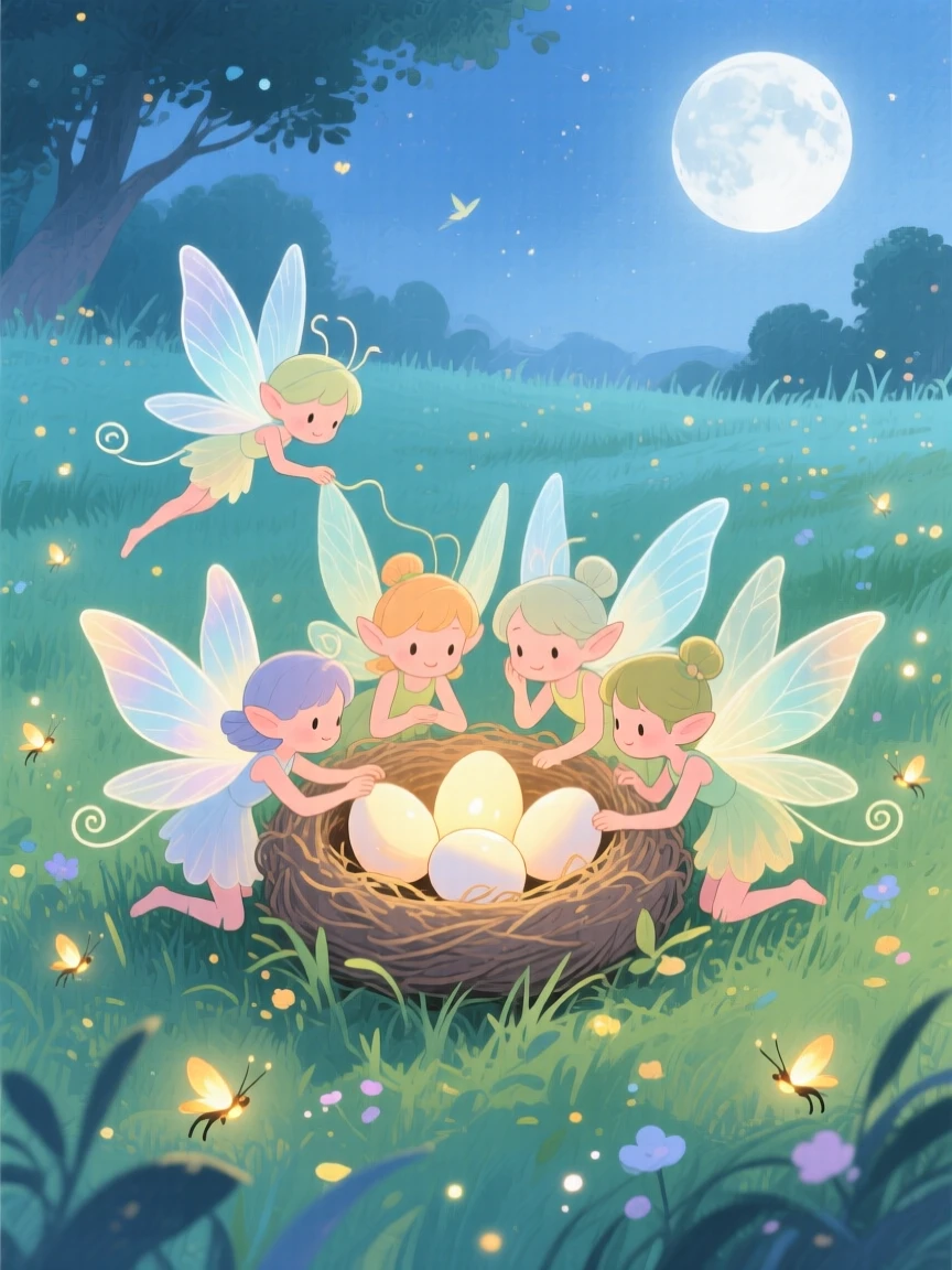 A playful group of fairies curling protectively around a nest of glowing eggs, in a moonlit meadow dotted with fireflies, filled with a sense of peaceful mysticism.