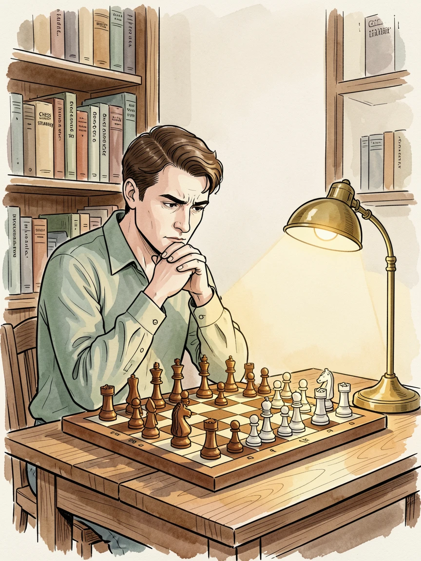 A chess player deep in thought over a board mid-game in a quiet library corner