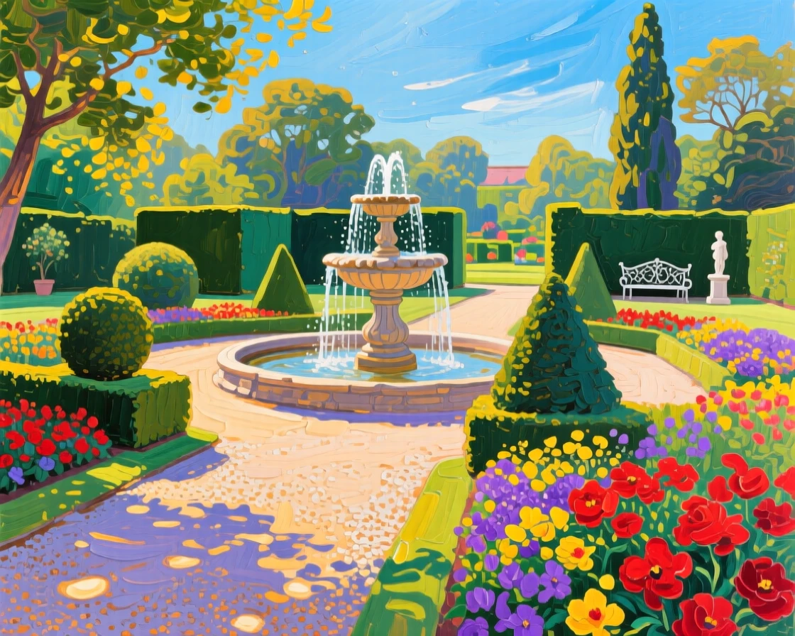 a formal garden with a fountain and clipped hedges, at the height of summer, composed along a natural leading line.