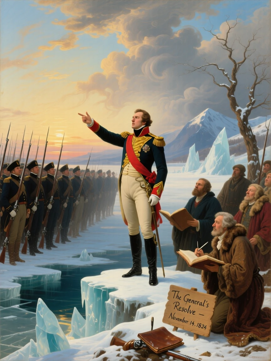 A general addresses his troops before a frozen battlefield as scholars record the moment.