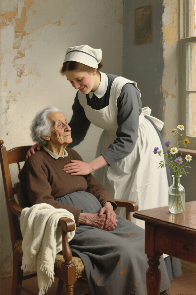 A nurse comforting an elderly patient with a gentle, reassuring smile, with genuine, unguarded emotion visible in the eyes, offering a tender and unforgettable glimpse into the human spirit