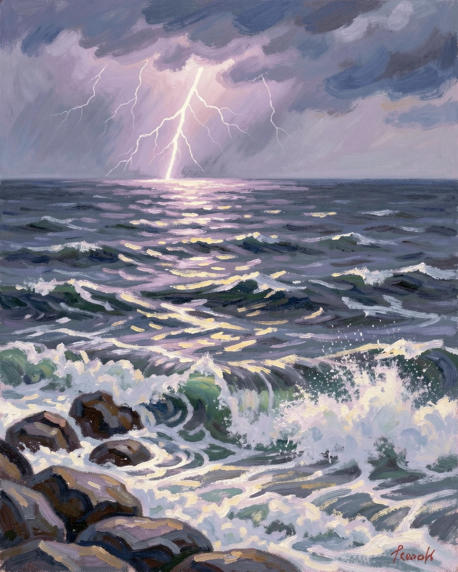 A powerful lightning storm illuminating a dark stormy sea, waves crashing violently against a rocky shore.