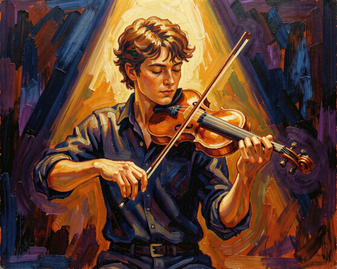 A violinist lost in concentration, eyes closed, performing beneath a single spotlight.
