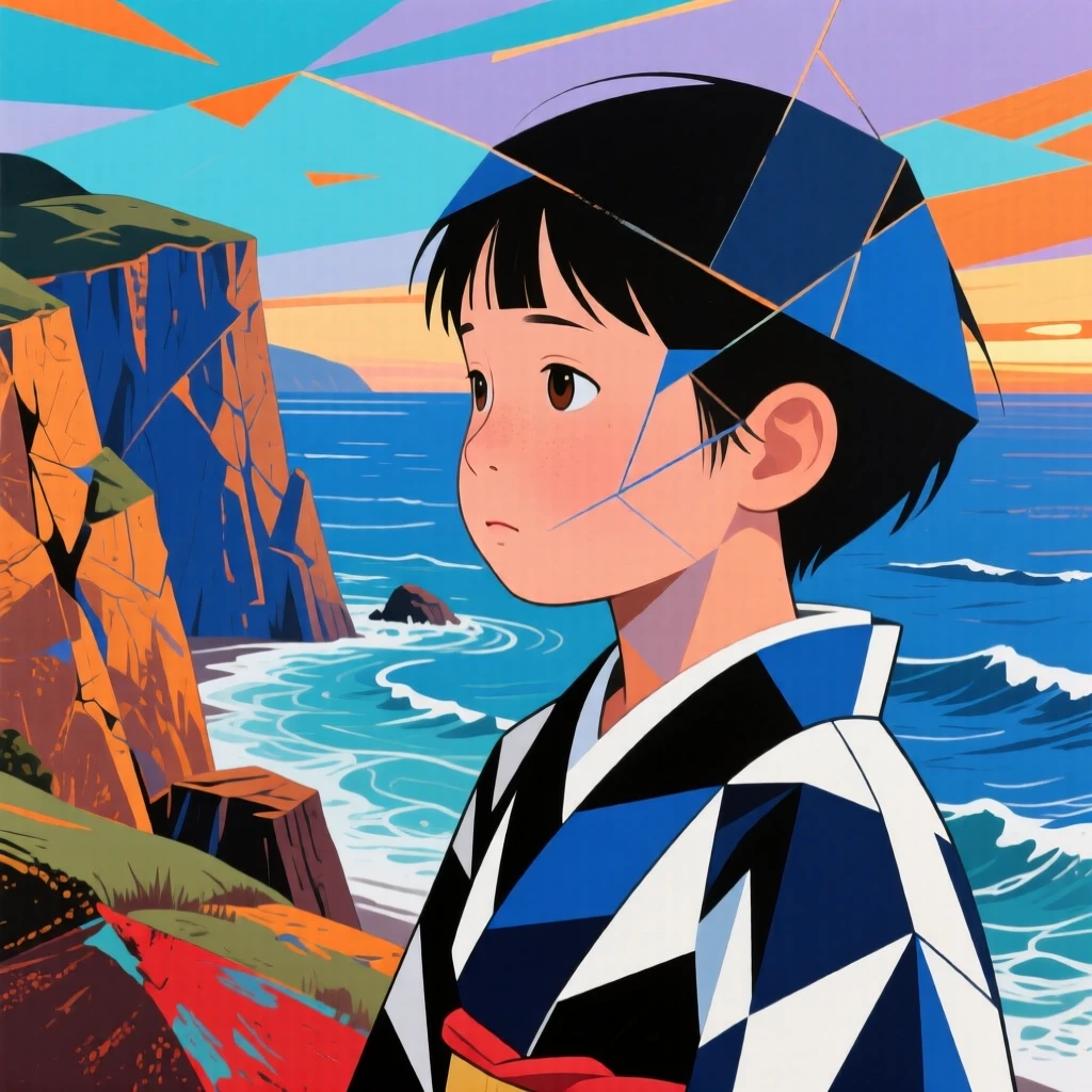 An intimate close-up of a young child of Japanese heritage reflecting quietly on a cherished memory, on a windswept coastal cliff.