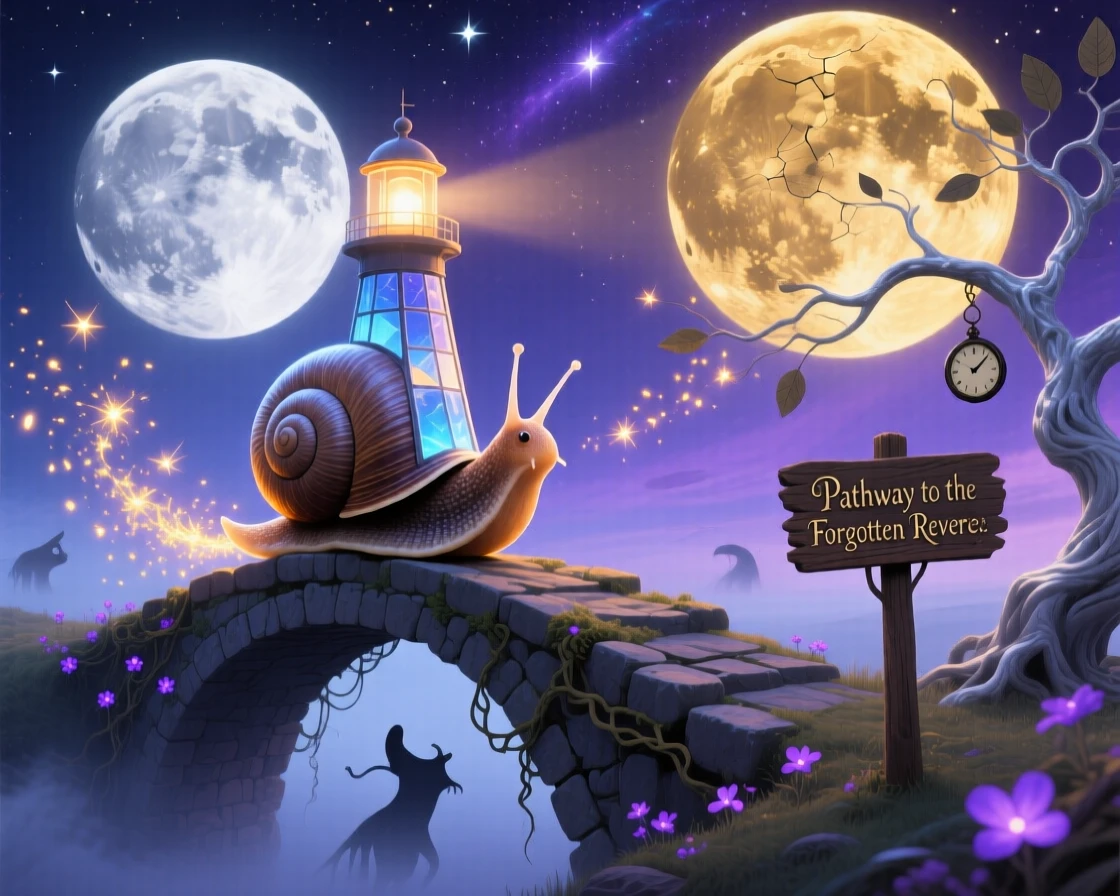 A snail carrying a glowing lighthouse instead of a shell walks across a bridge suspended between two moons, while tiny sparks of light trail behind its every step.