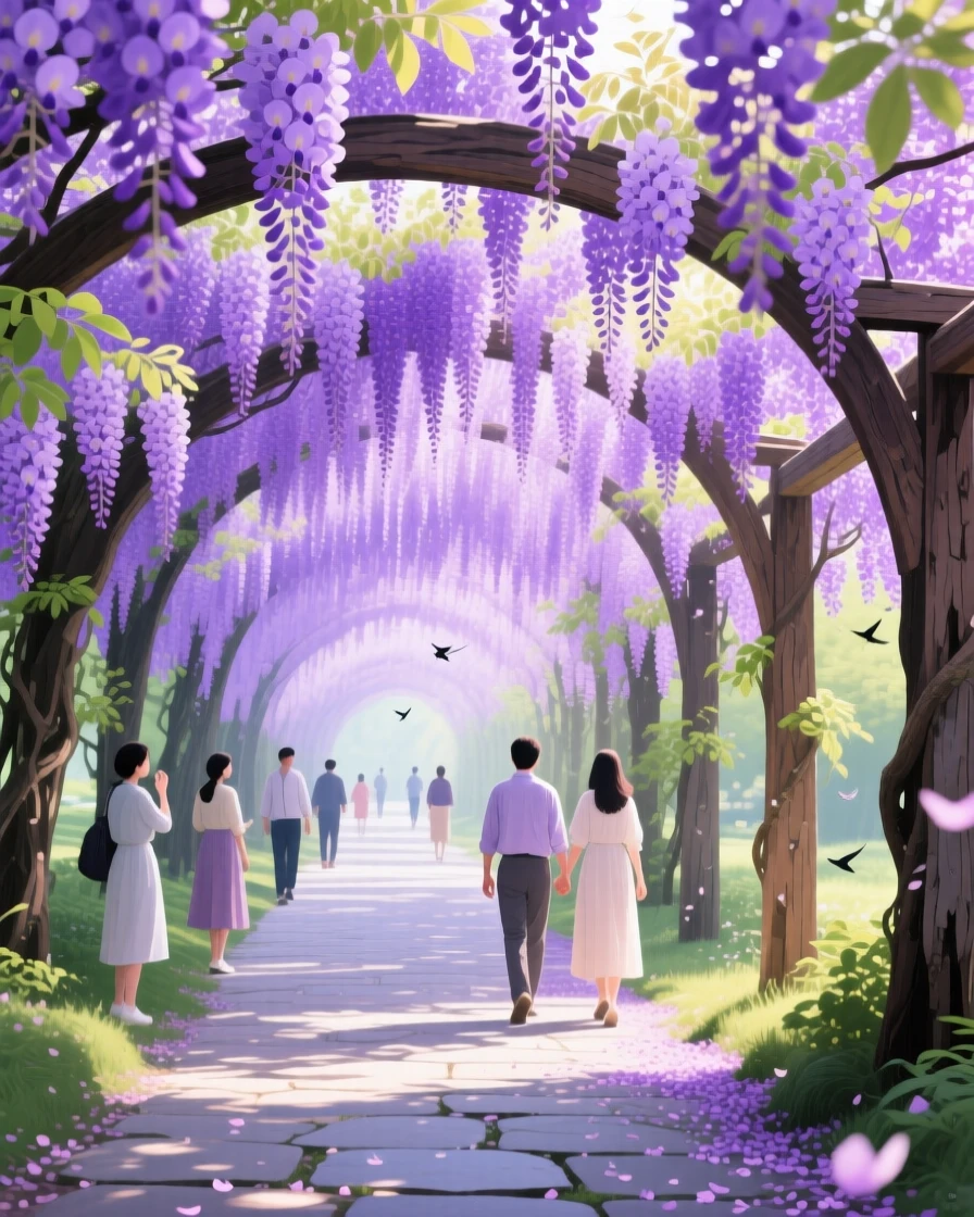 A vast wisteria tunnel in full bloom drips with cascading purple flowers overhead, visitors walking beneath the fragrant canopy in dappled light, with the crisp, still air carrying only the faintest sounds of distant birdsong.