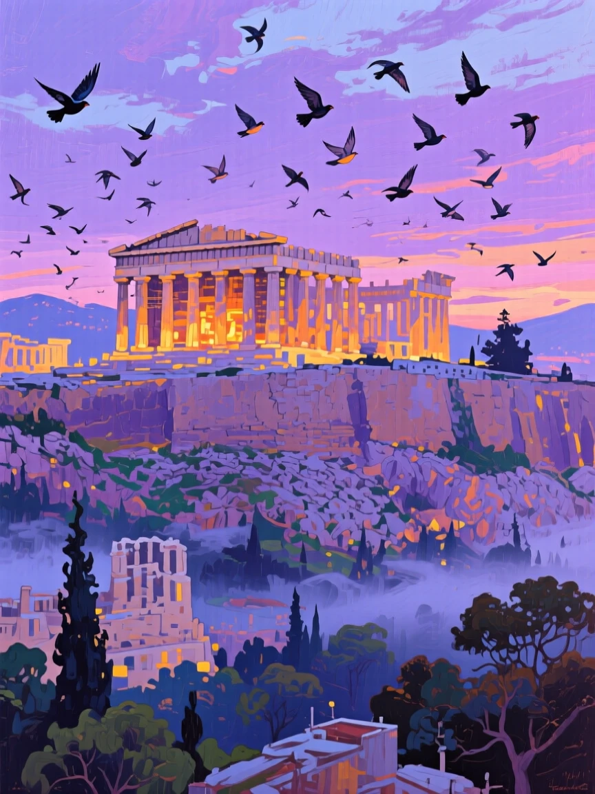 The Acropolis of Athens glowing beneath a violet dusk sky, wrapped in soft morning fog, flocks of birds wheeling overhead