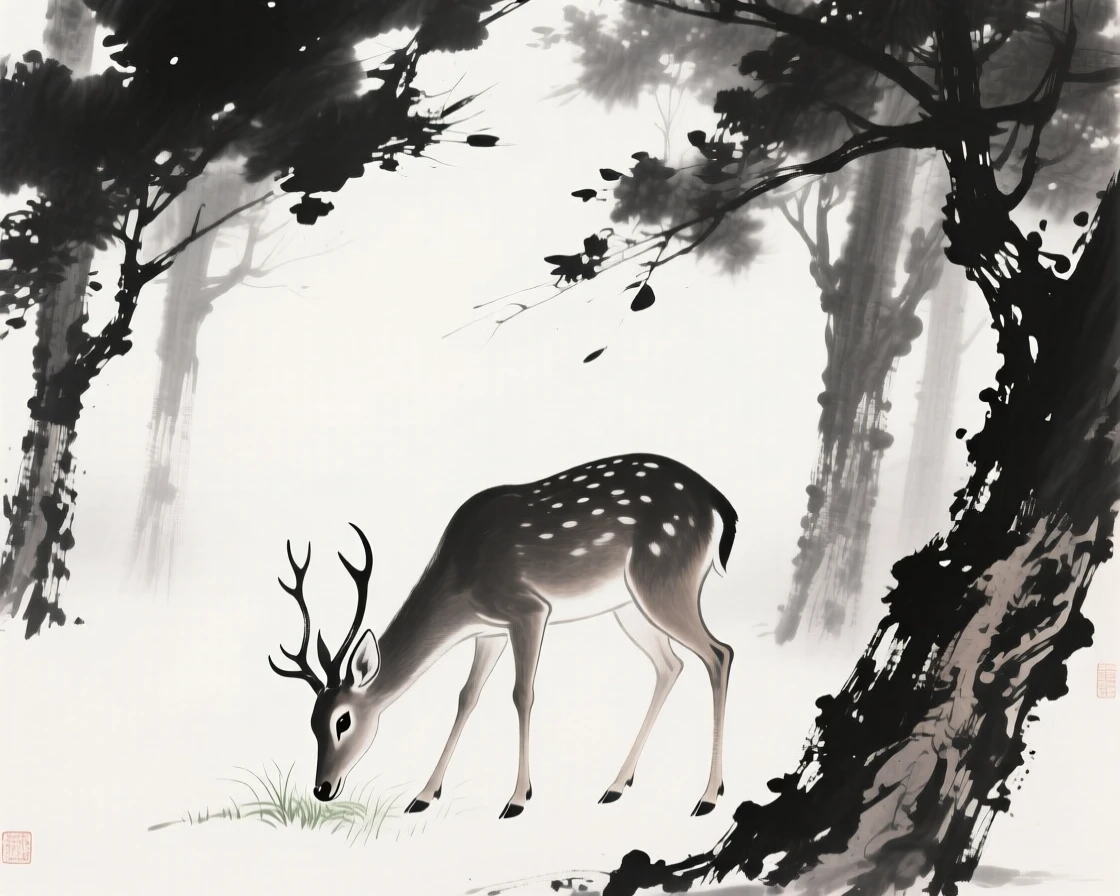 A deer looks up from grazing as mist drifts through the trees, beneath dappled light filtering through the canopy.