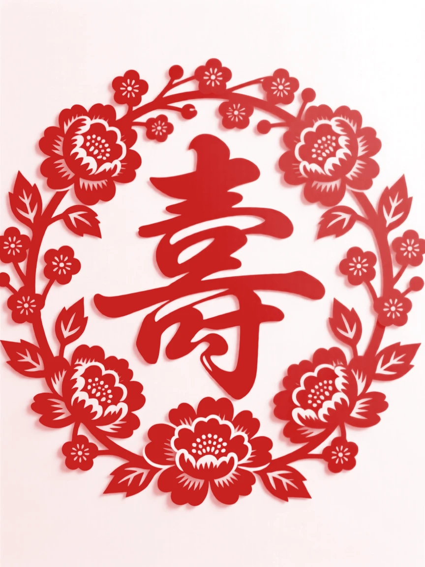 A peony wreath encircling a shou character, surrounded by a ring of small blossoms, a design meant to welcome abundance into the home.