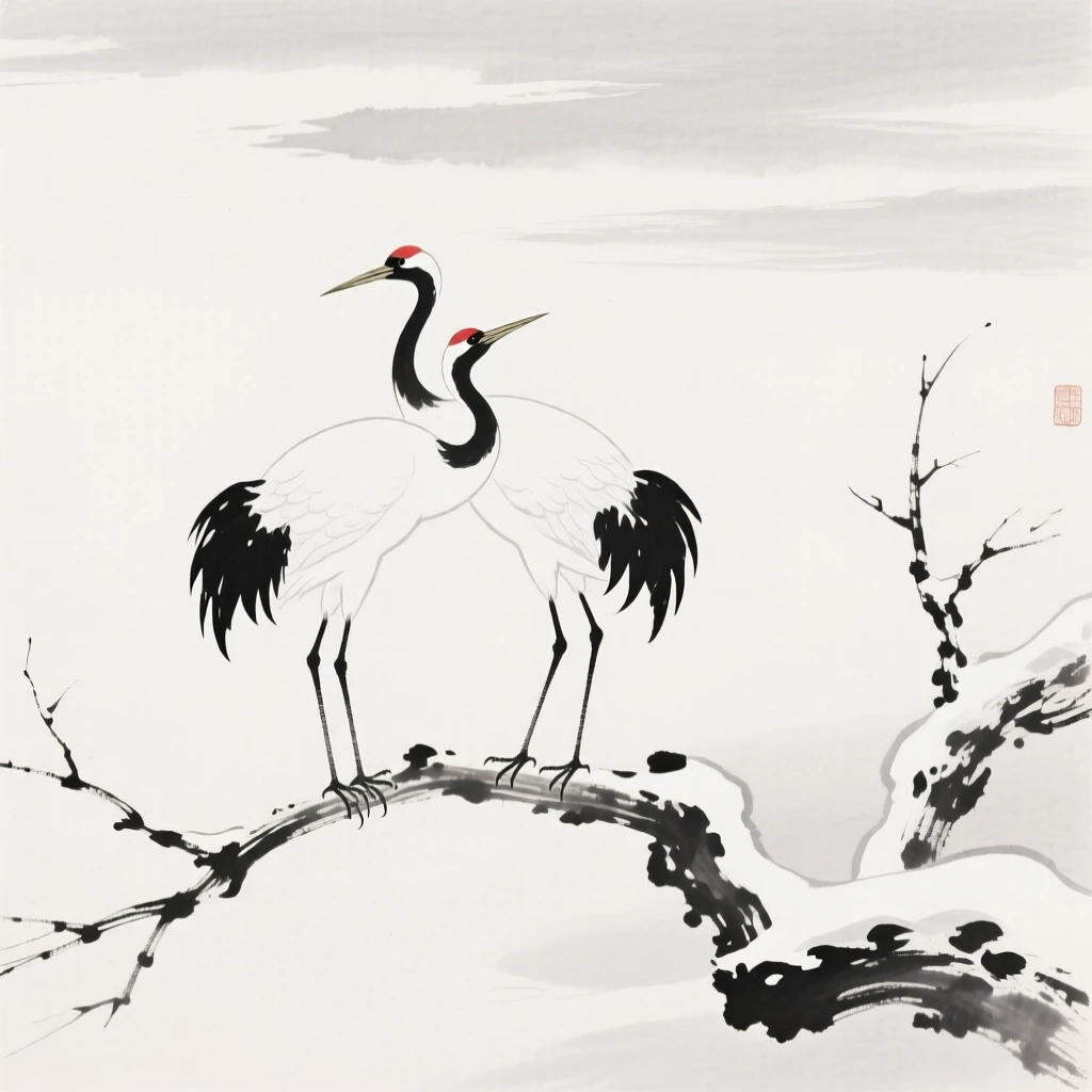 A pair of cranes perched on a bare winter branch beside a snow-covered branch, framed against a wide expanse of open sky, conveying serenity and effortless movement.