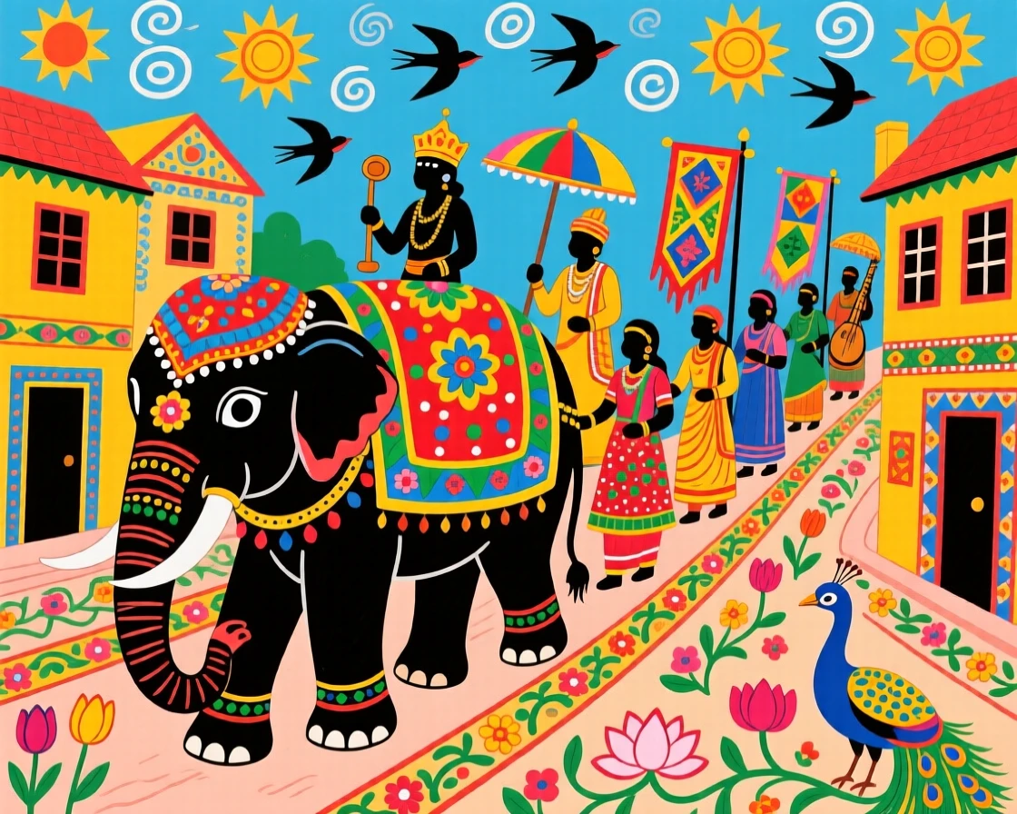 A royal procession winding through decorated streets led by an elephant.