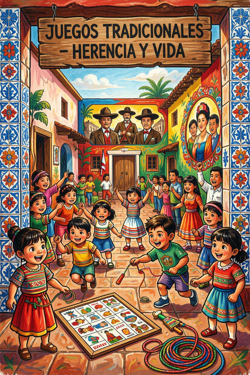A group of children playing traditional games in a village courtyard