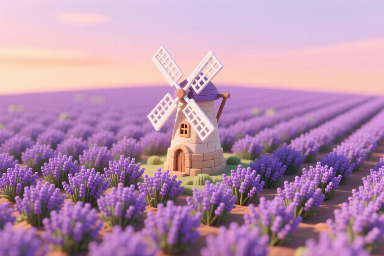 A lavender field stretching to the horizon under a pastel sunset sky, rows of purple blooms swaying gently, and a lone windmill in the distance.