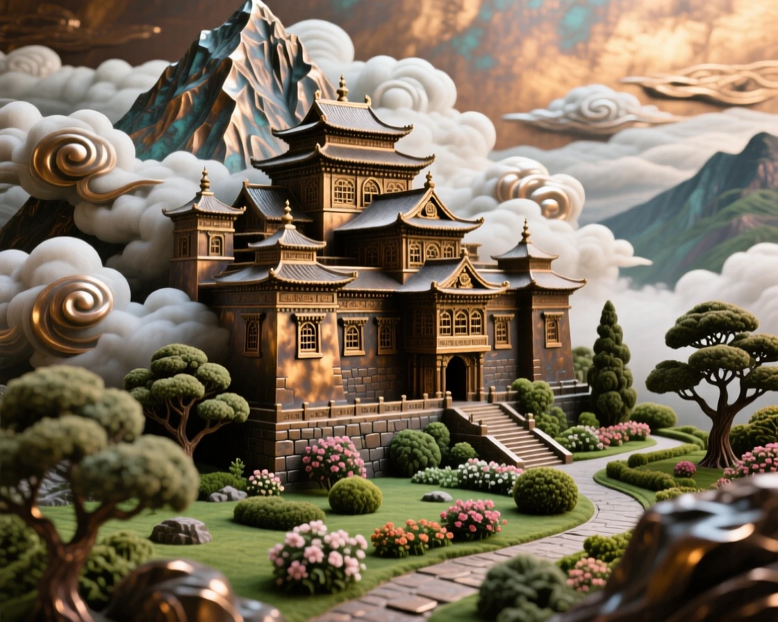 A majestic mountaintop monastery shrouded in cloud, surrounded by lush, verdant gardens, exuding timeless grandeur