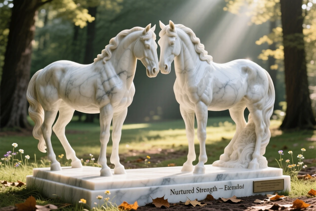 A pair of nuzzling horses captured in a powerful, dignified pose in a sunlit clearing