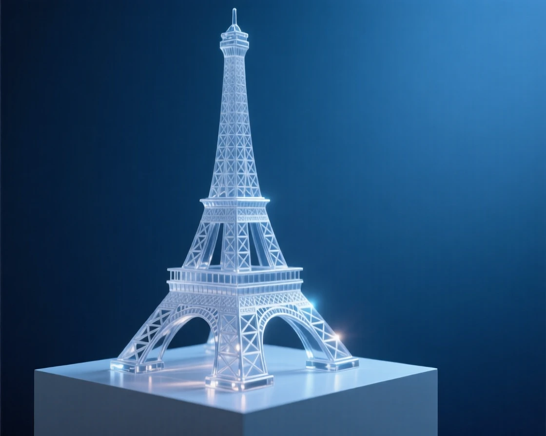 The Eiffel Tower at blue hour with soft ambient lighting beginning to glow, reflections shimmering nearby, evoking timeless elegance.