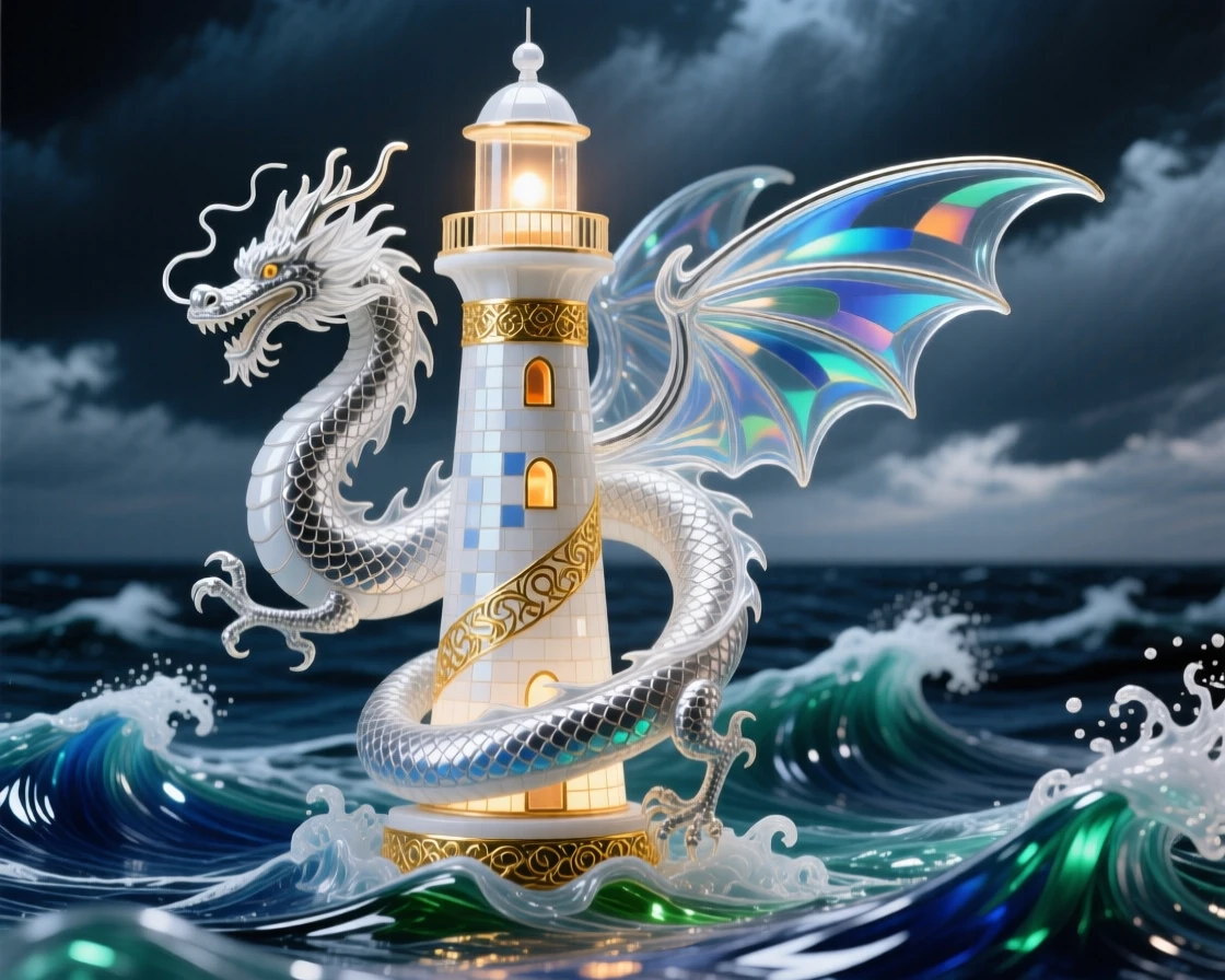 A silver-scaled dragon curling around a lighthouse in a stormy sea, dramatic and protective.