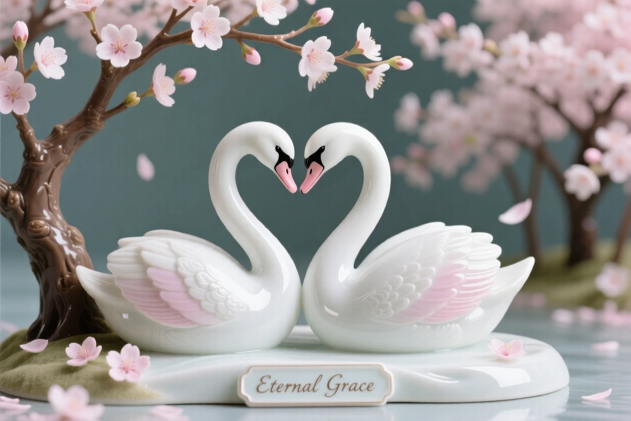 A pair of swans nuzzling gently beneath a blossoming tree beside a cherry blossom grove.