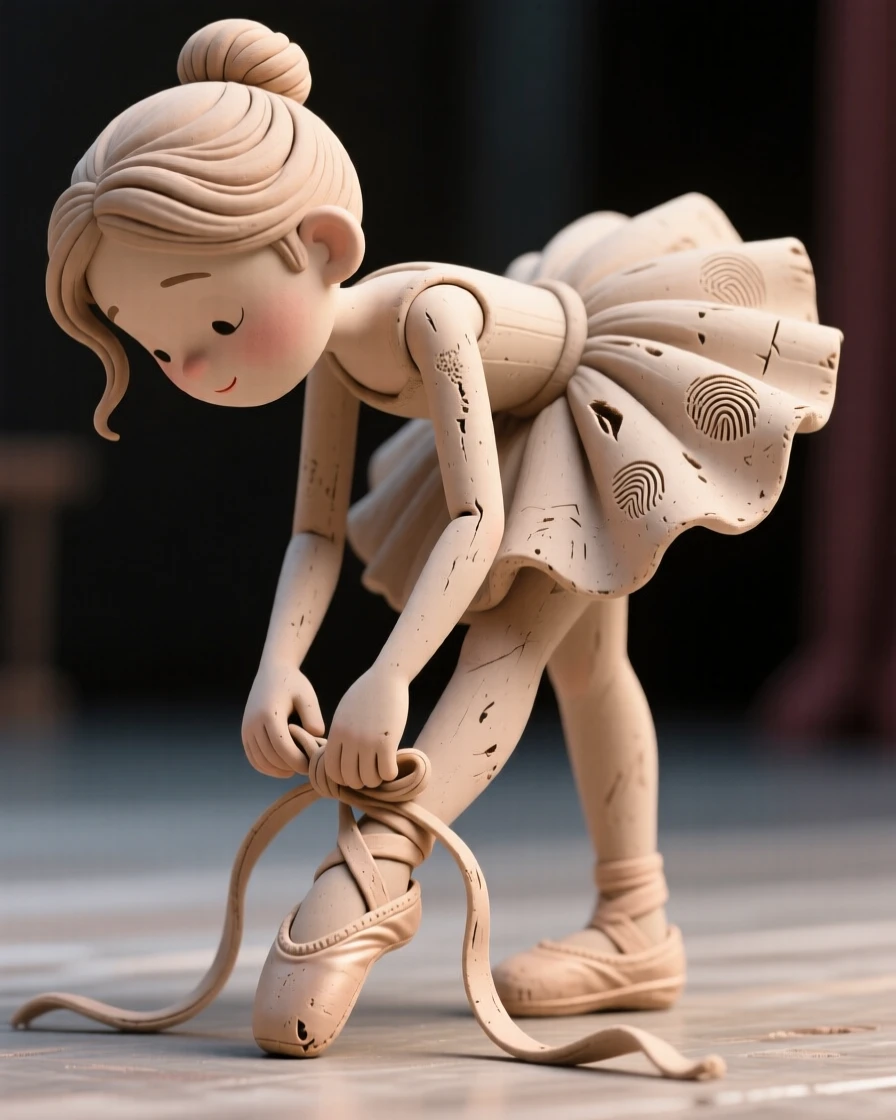 A young ballerina tying her pointe shoe ribbons before a performance