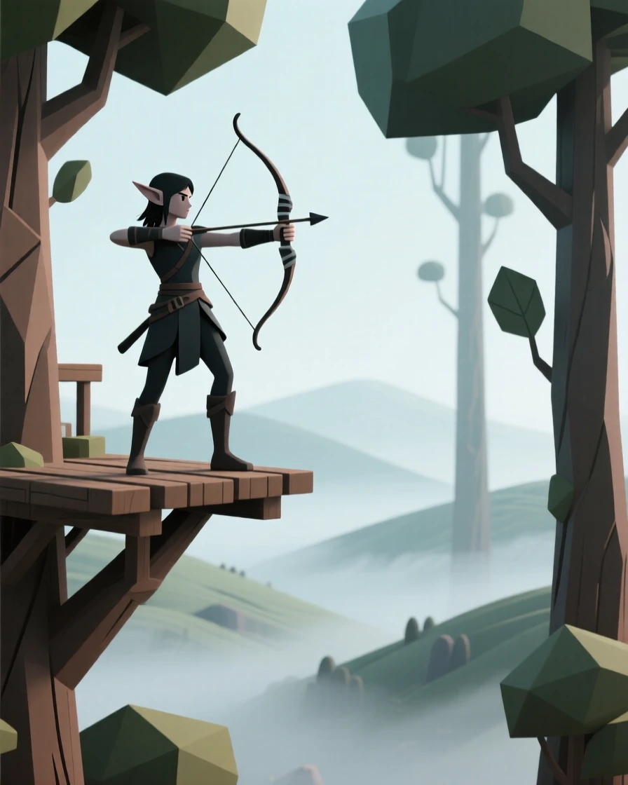 A brave archer elf perches high in a treetop village, scanning a misty valley below for approaching danger.