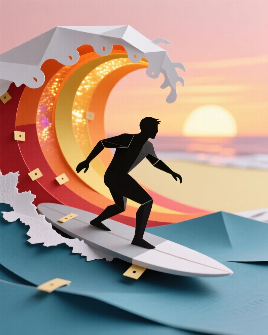 A surfer paddling out toward a glowing sunset wave, silhouette sharp against the golden horizon, evoking adventurous freedom.