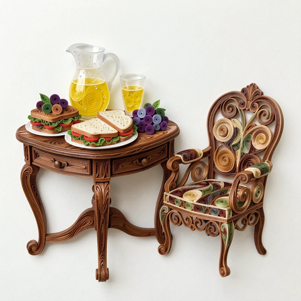 a picnic spread of sandwiches, grapes, and lemonade, on an antique side table beside a reading chair, arranged with rustic textures adding warmth, with glistening droplets of morning dew.
