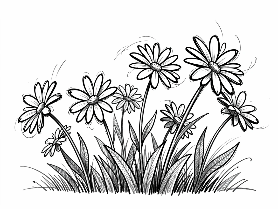 A patch of daisies swaying in the wind under a clear morning sky.