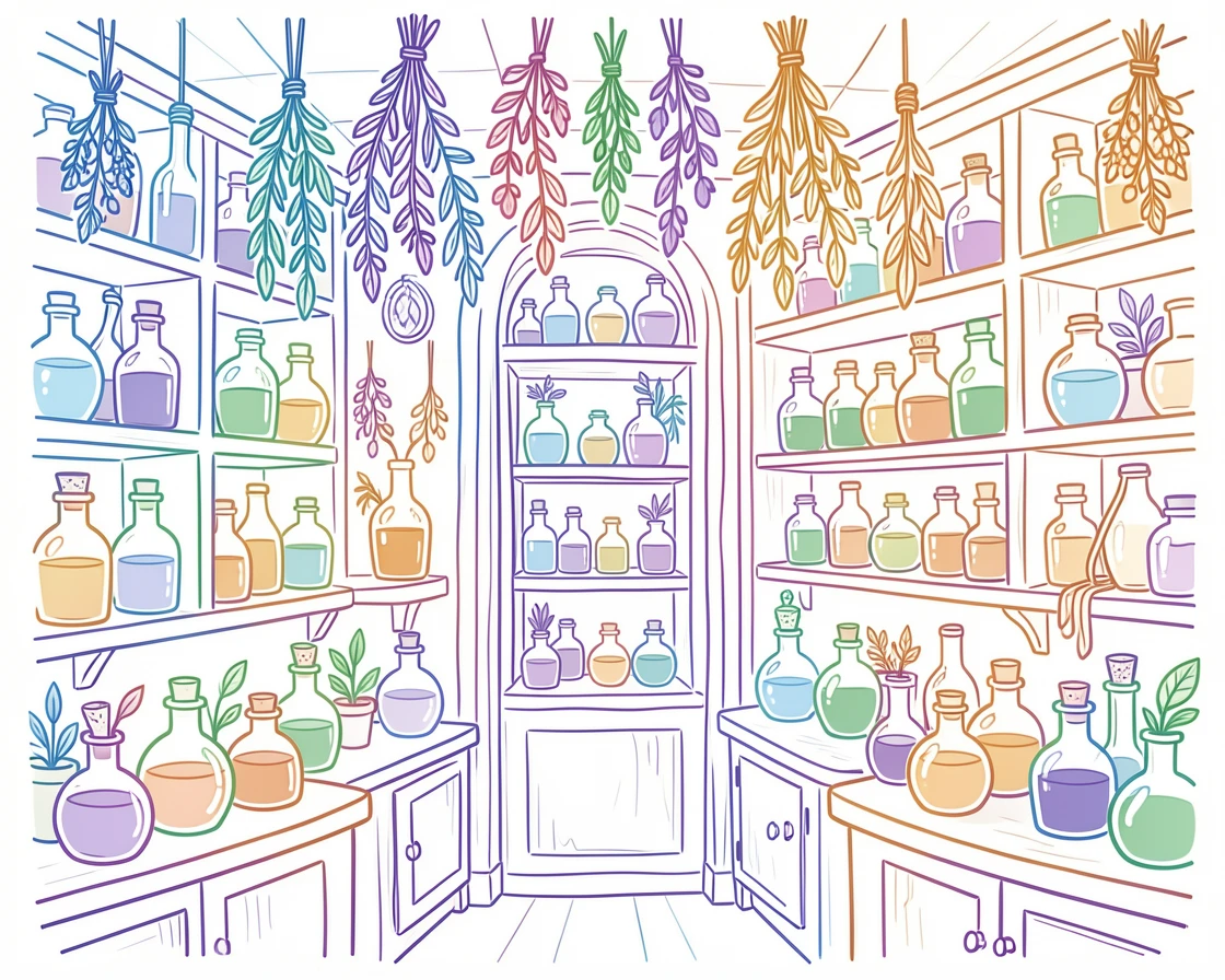 A magical potion shop interior crammed with glowing bottles and dried herbs.