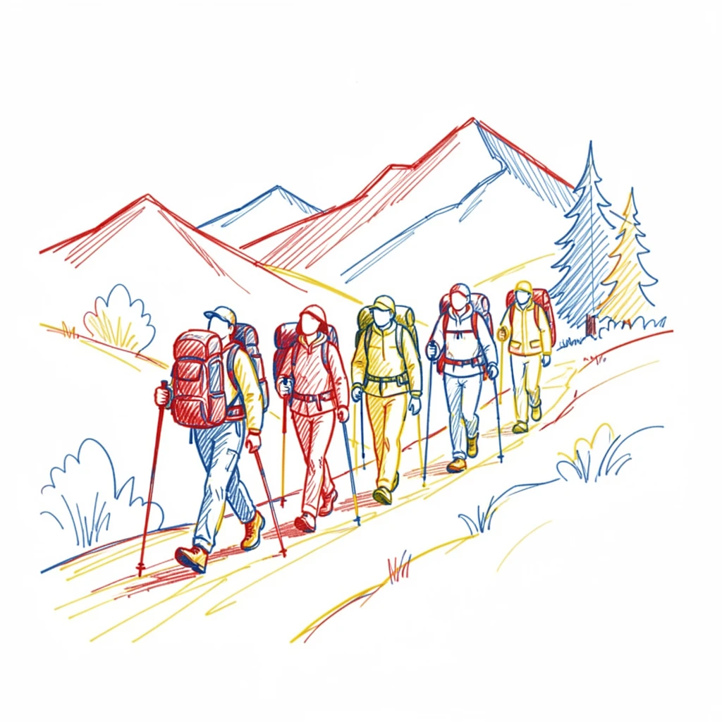 A group of friends hiking together along a scenic mountain trail