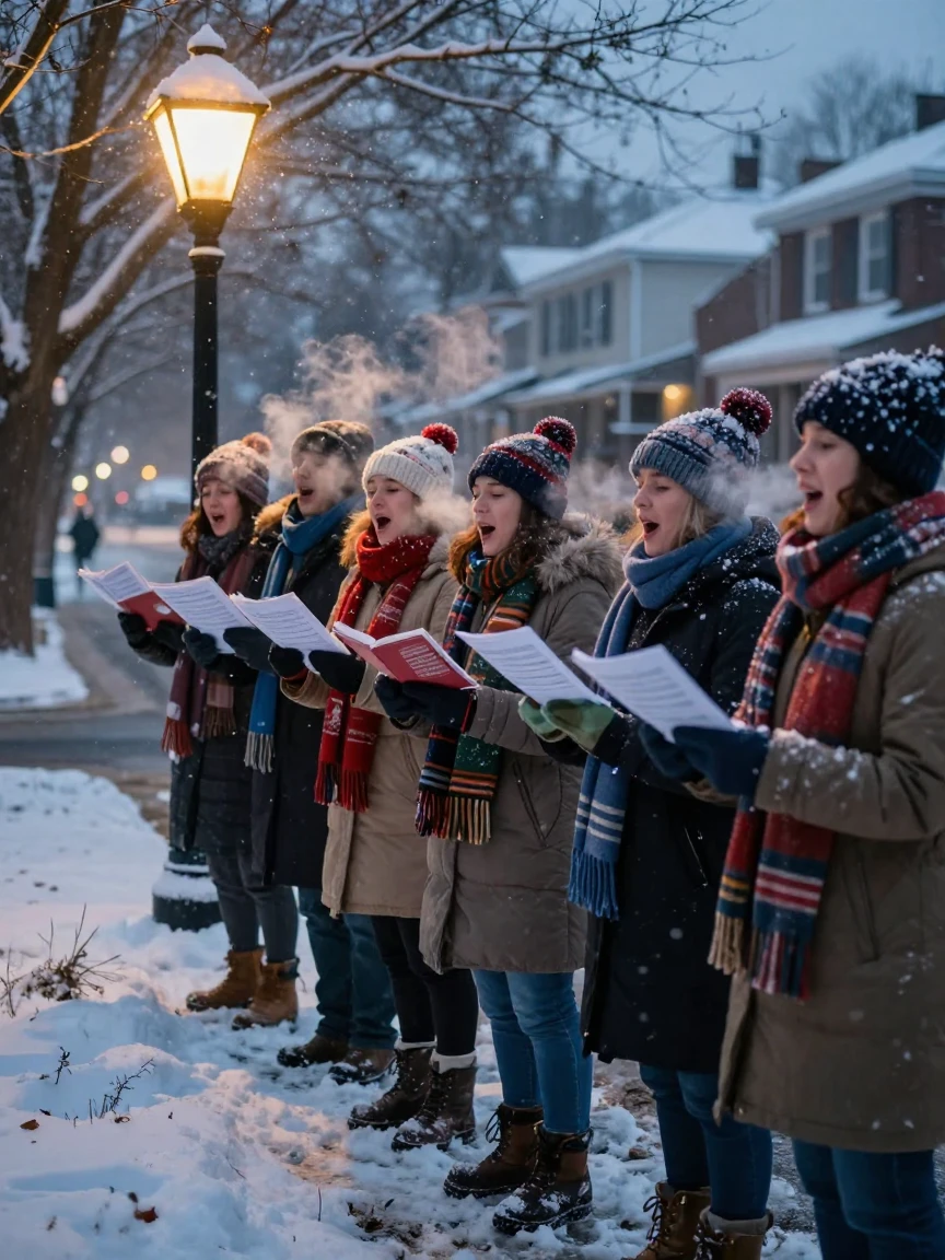 Carolers in scarves and mittens sing beneath a snow-dusted streetlamp.