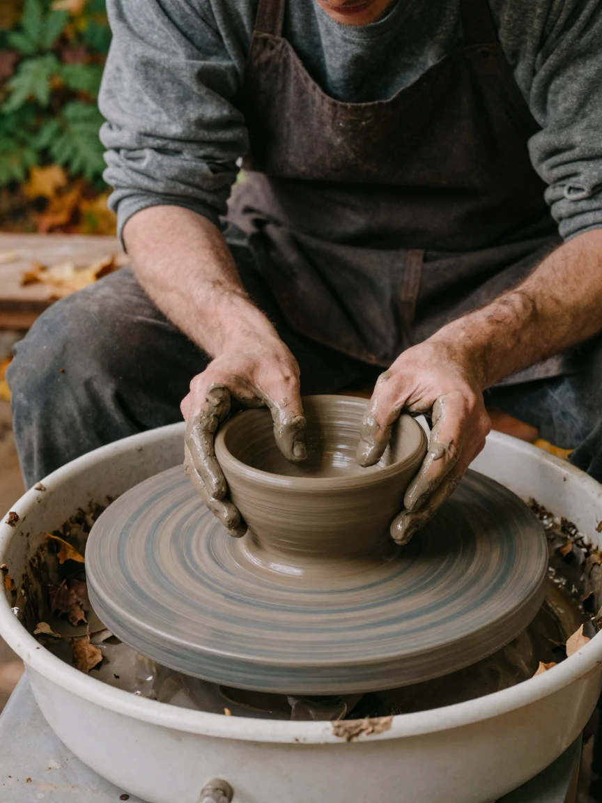 A potter's hands shaping a bowl on a spinning wheel, in gentle diffused daylight, in still, windless air, in late autumn, with deep emerald greens and browns, at eye level, intimate and direct.