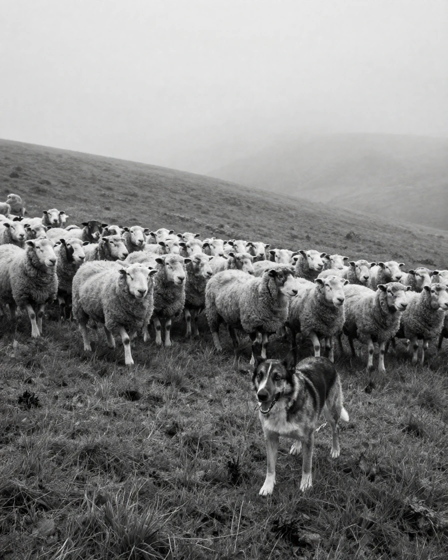 A loyal sheepdog herds a flock of sheep across a field on a misty hillside farm.