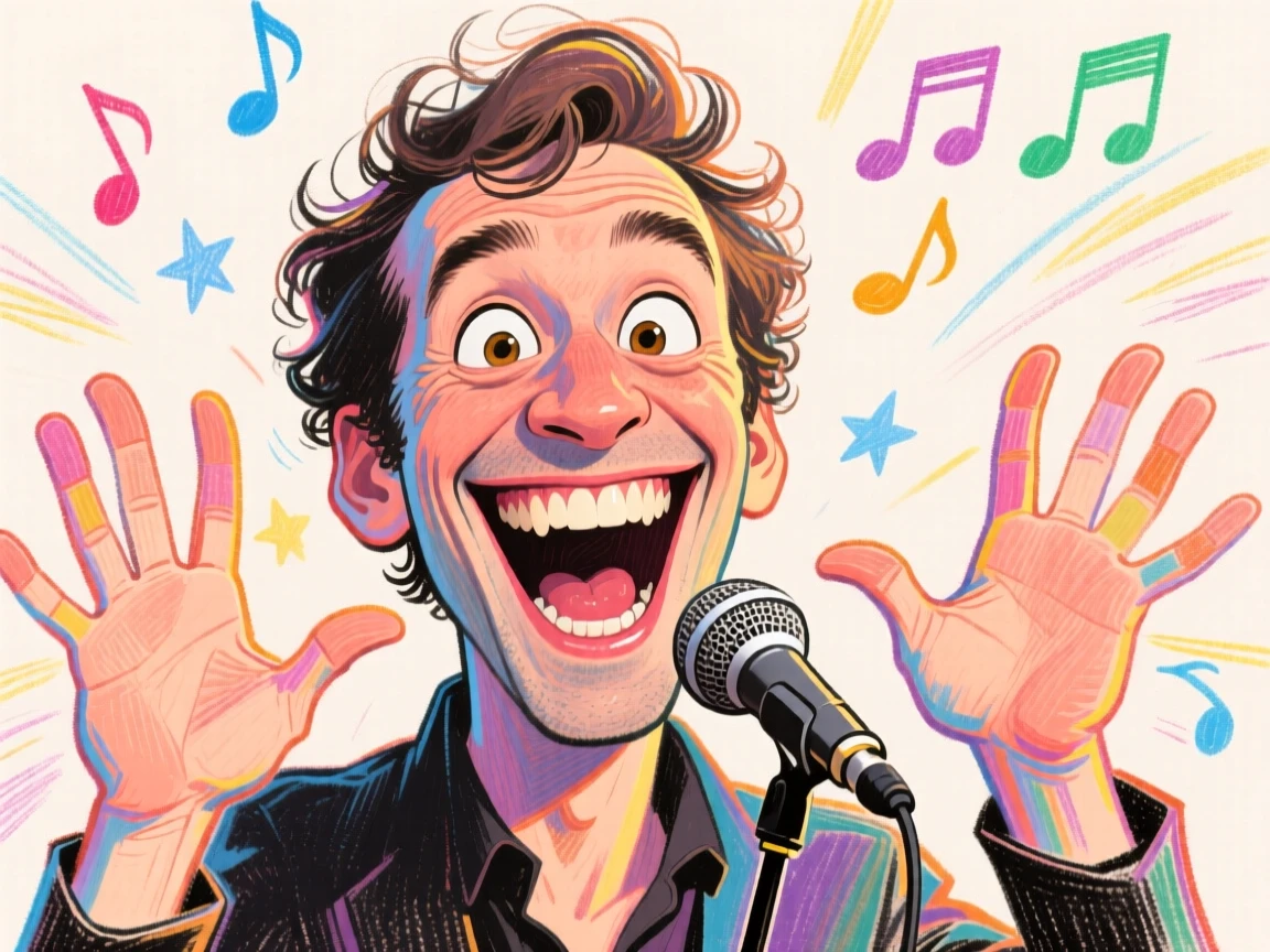 A man doing jazz hands after nailing a difficult karaoke note.