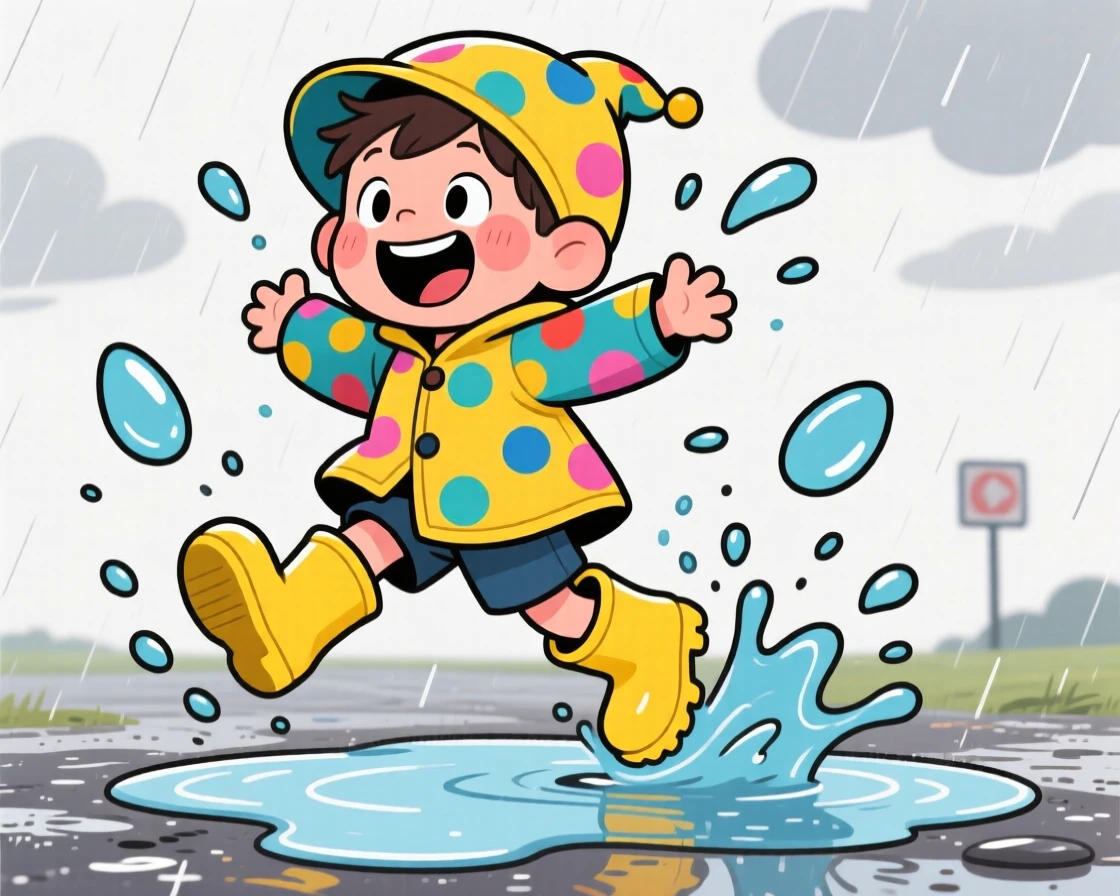 A playful childhood moment of a little boy in oversized rain boots jumping gleefully into a puddle, water splashing everywhere.