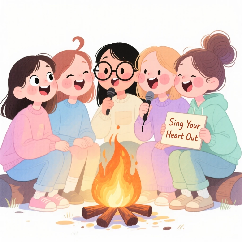A close-knit group of girlfriends singing together around a campfire