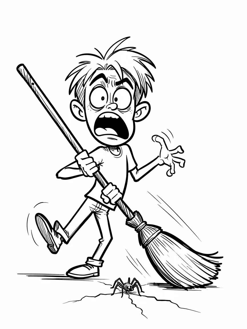 [Funny & Exaggerated Situations] Comical scene of a person overreacting to a spider with a broom held like a weapon, exaggerated for maximum laughs