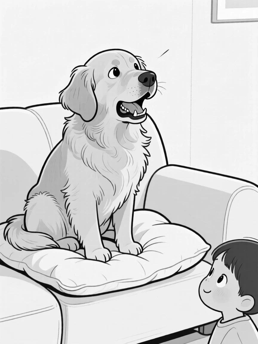 A fluffy golden retriever with one ear flopped inside out, spitting theatrically in mock outrage, set wrapped snugly on a couch cushion. A curious child watches from just out of frame. There's something deeply endearing about the little chaos.