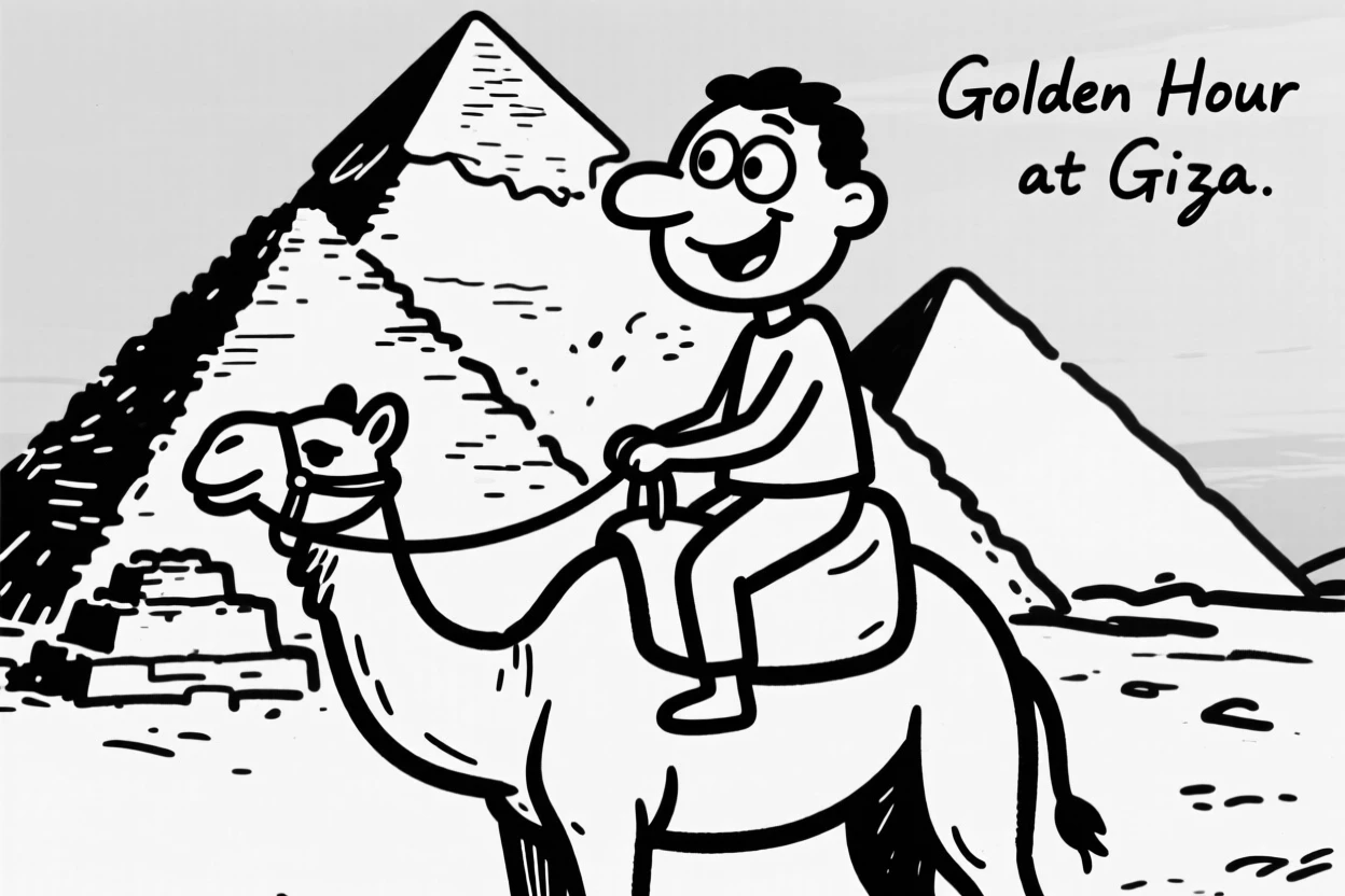 A tourist riding a camel past the pyramids of Giza at golden hour.