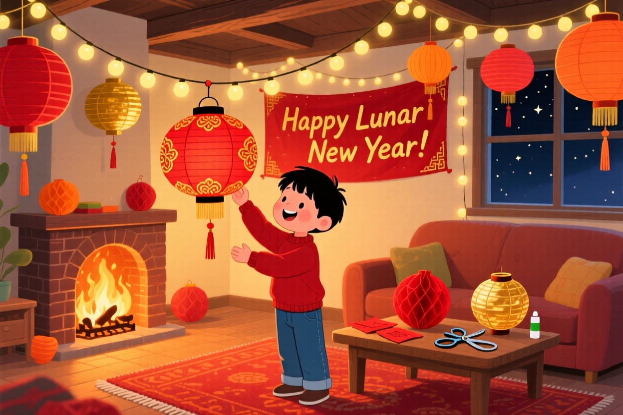 In a cozy living room by the fire, a boy carrying a lantern celebrate together by hanging paper lanterns for a Lunar New Year celebration, with twinkling lights strung overhead.