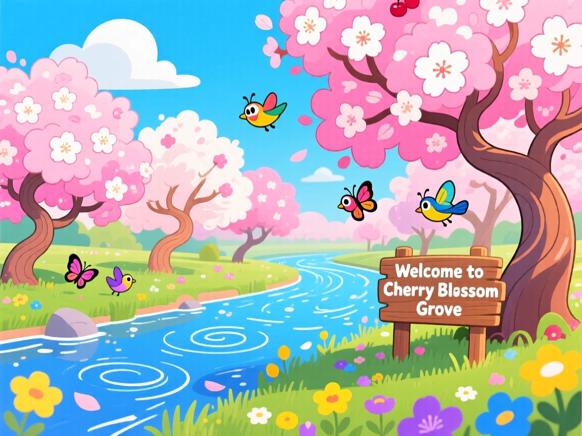 A cherry blossom grove in full bloom along a peaceful river.