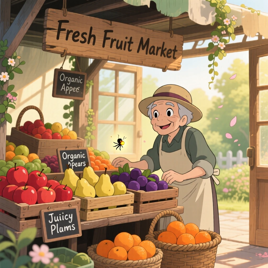 A warm, inviting scene of a farmers market stall overflowing with fresh fruit, as morning light streams through a nearby window.