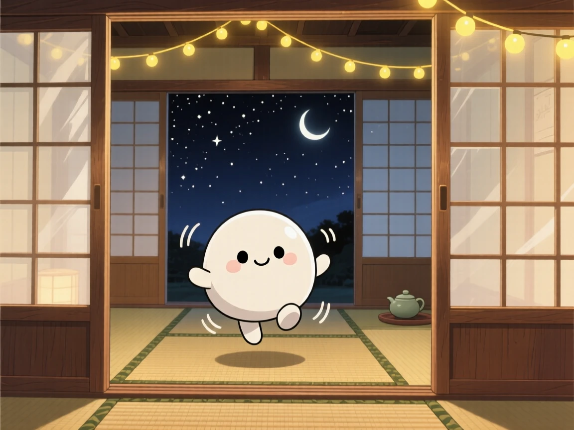 Framed through a window: a round mochi character, bouncing happily on a bamboo mat, set against a traditional Japanese tea room under a starry midsummer night sky, with glowing string lights and a mood of sleepy relaxation.
