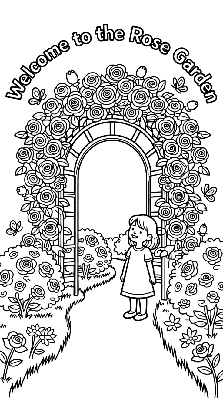 A rose garden with an arched trellis covered in blooms