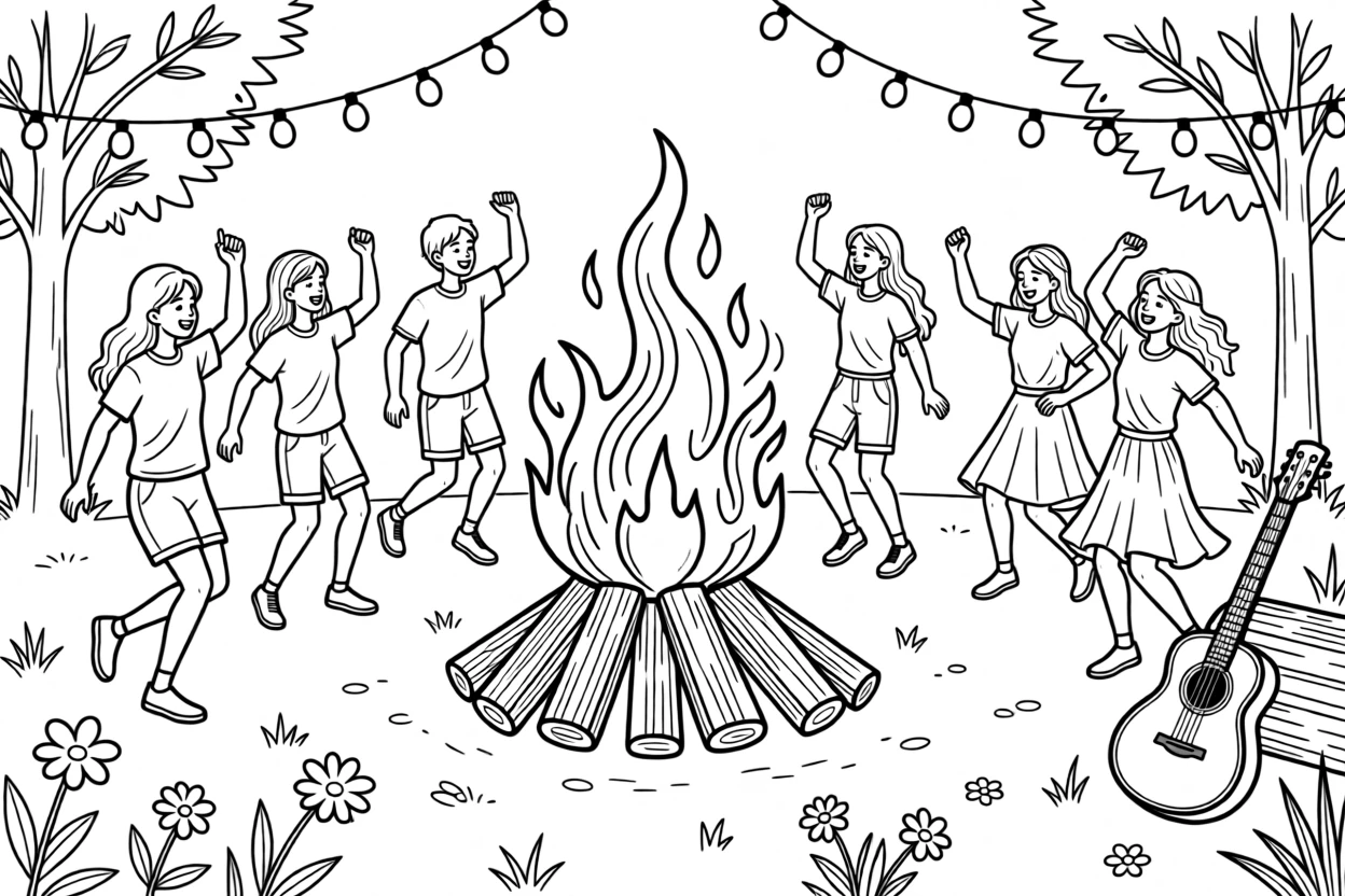 A summer solstice bonfire surrounded by dancing silhouettes, with strings of lights framing the setting.