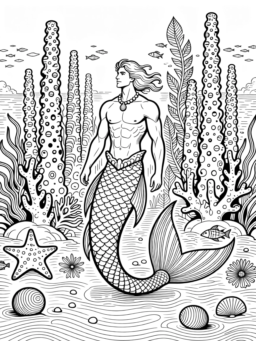 A merman surveying his underwater kingdom of coral spires.