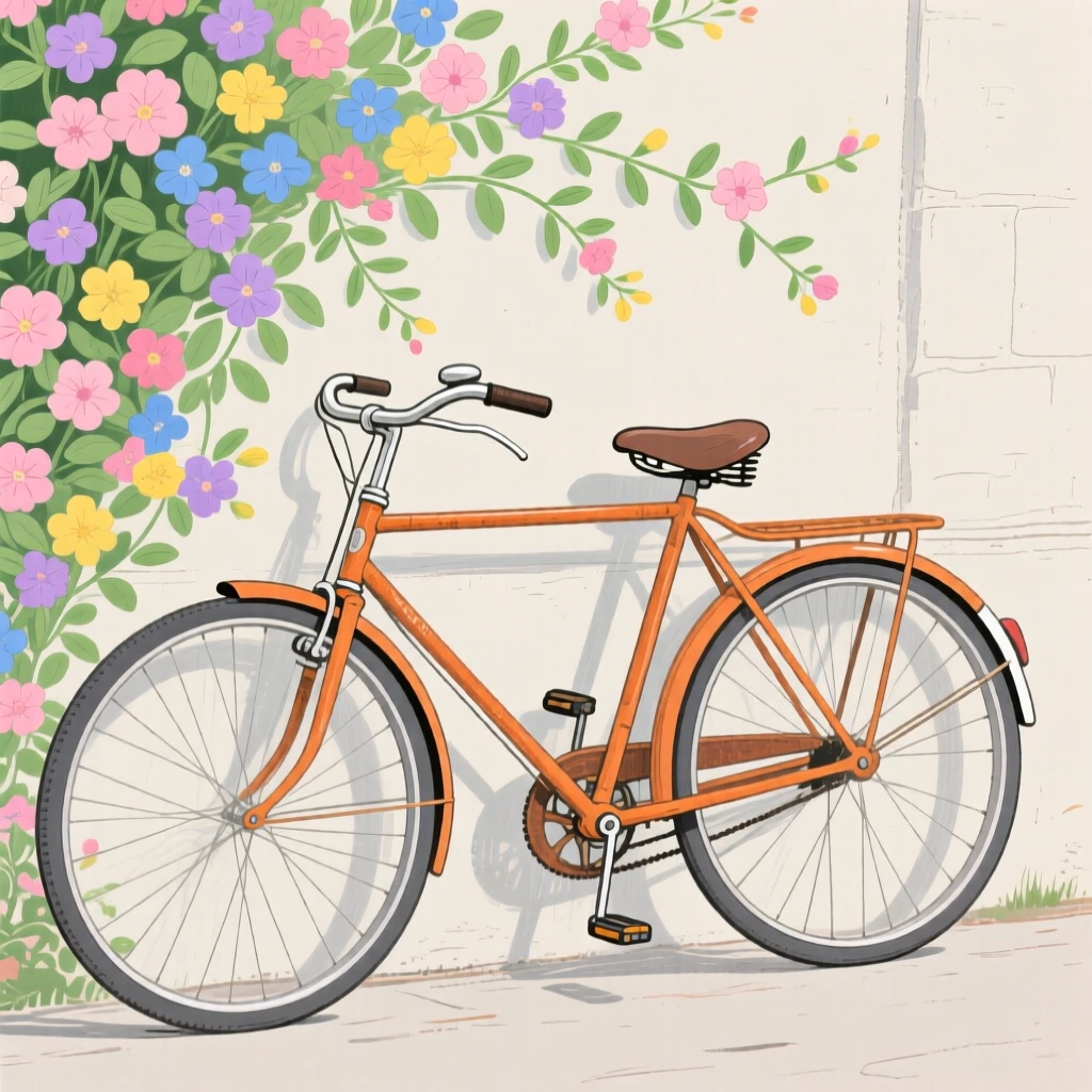 A vintage bicycle leaning against a flower-covered wall.