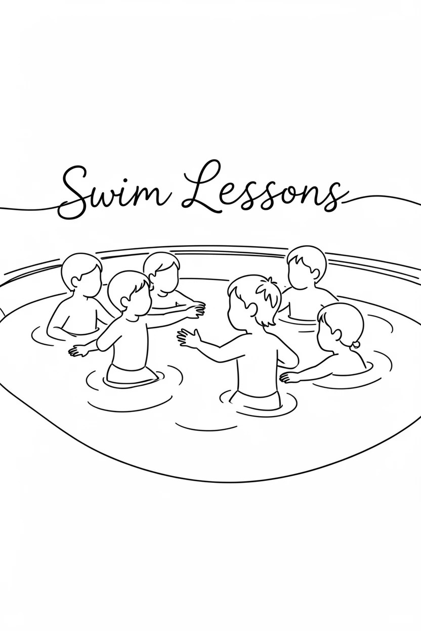 A group of children learning to swim in a sunny outdoor pool