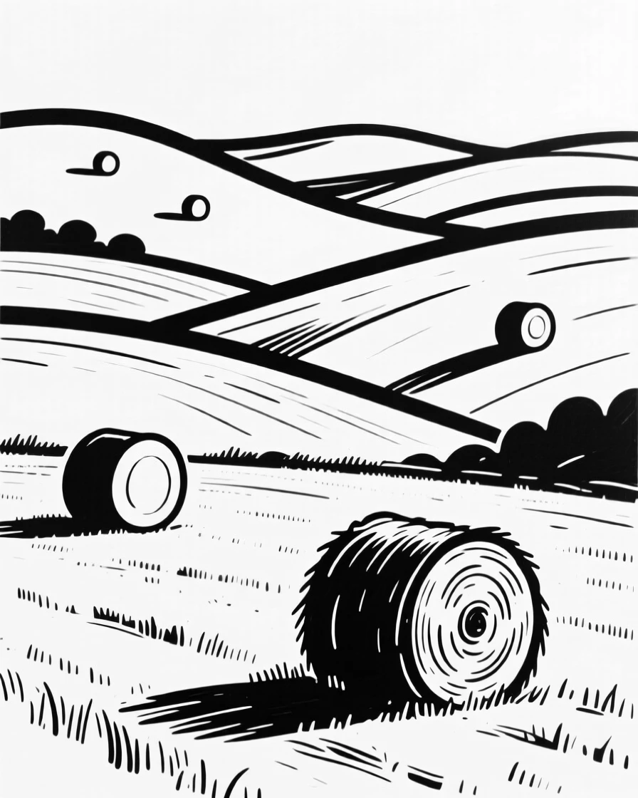 A rolling countryside dotted with round hay bales at golden hour.