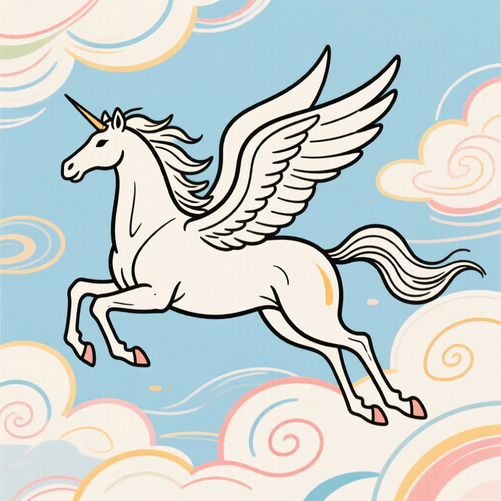 A pegasus galloping across a sky filled with swirling clouds.