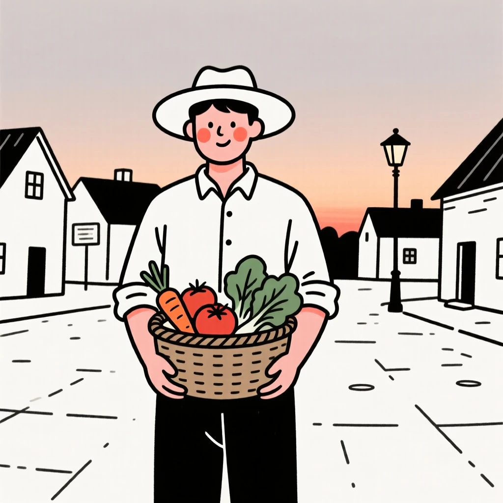 A farmer holding a basket of vegetables on a village square at dusk.